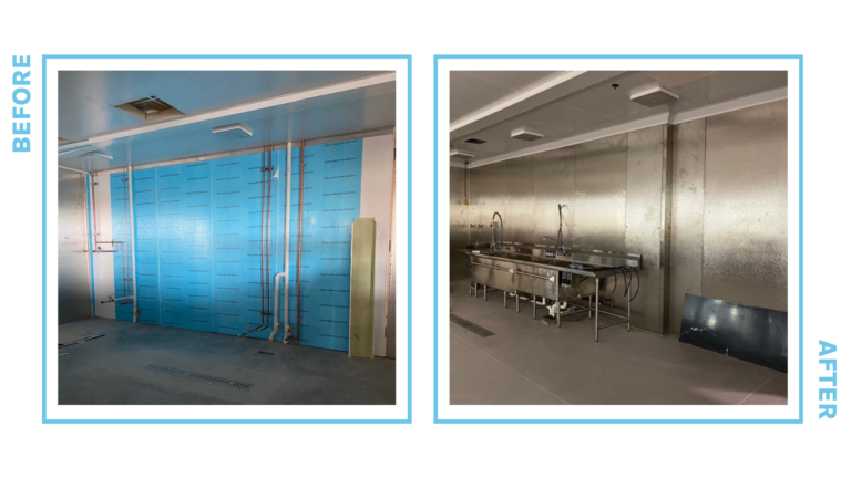 Two images side by side. Image one: Before installation of a chase wall with exposed pipes. Second image: After installation of a chase wall covering exposed pipes and finishings of a commercial prep room.