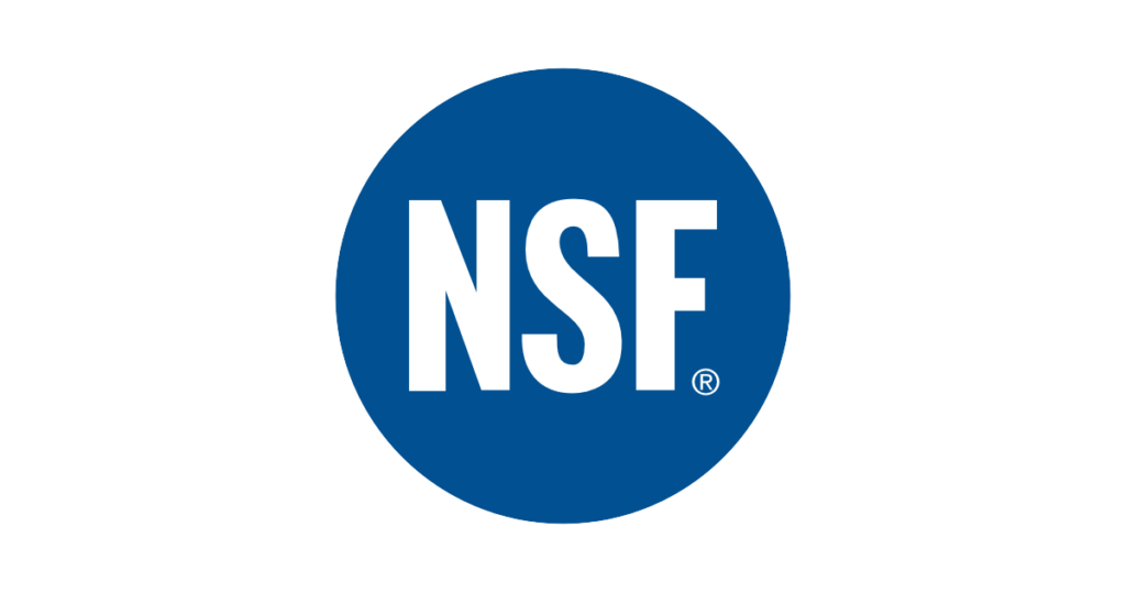NSF certification logo with blue circle with NSF in large white letters in the middle