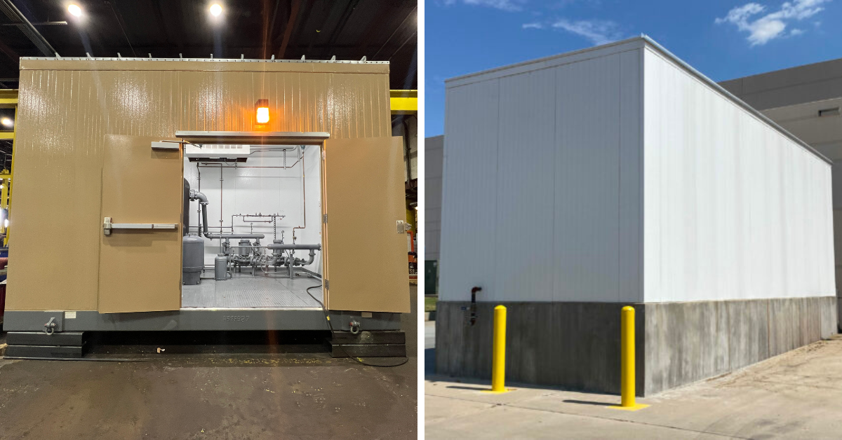 comparison of a skid mounted enlosue (left) and a slab mounted enclousure (right) On the left a skid mounted enclosure is built out in an integrators warehouse before shipping. On the right a slab mounted enclosure is installed outside of a warehouse.